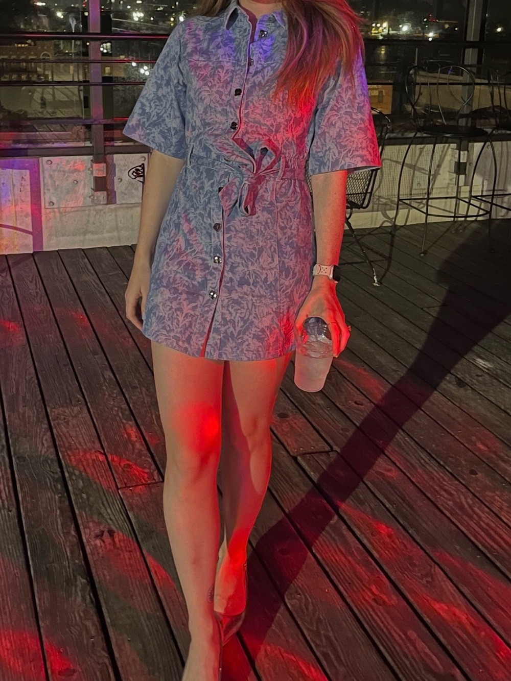 Floral Print Short Shirt Dress with Tie Waist - Blue